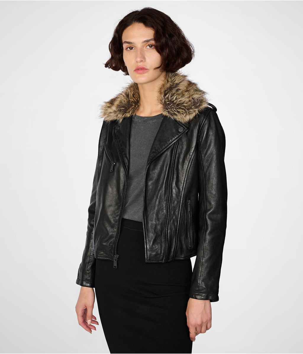 Women's Black Leather Biker Jacket with Removable Fur Collar