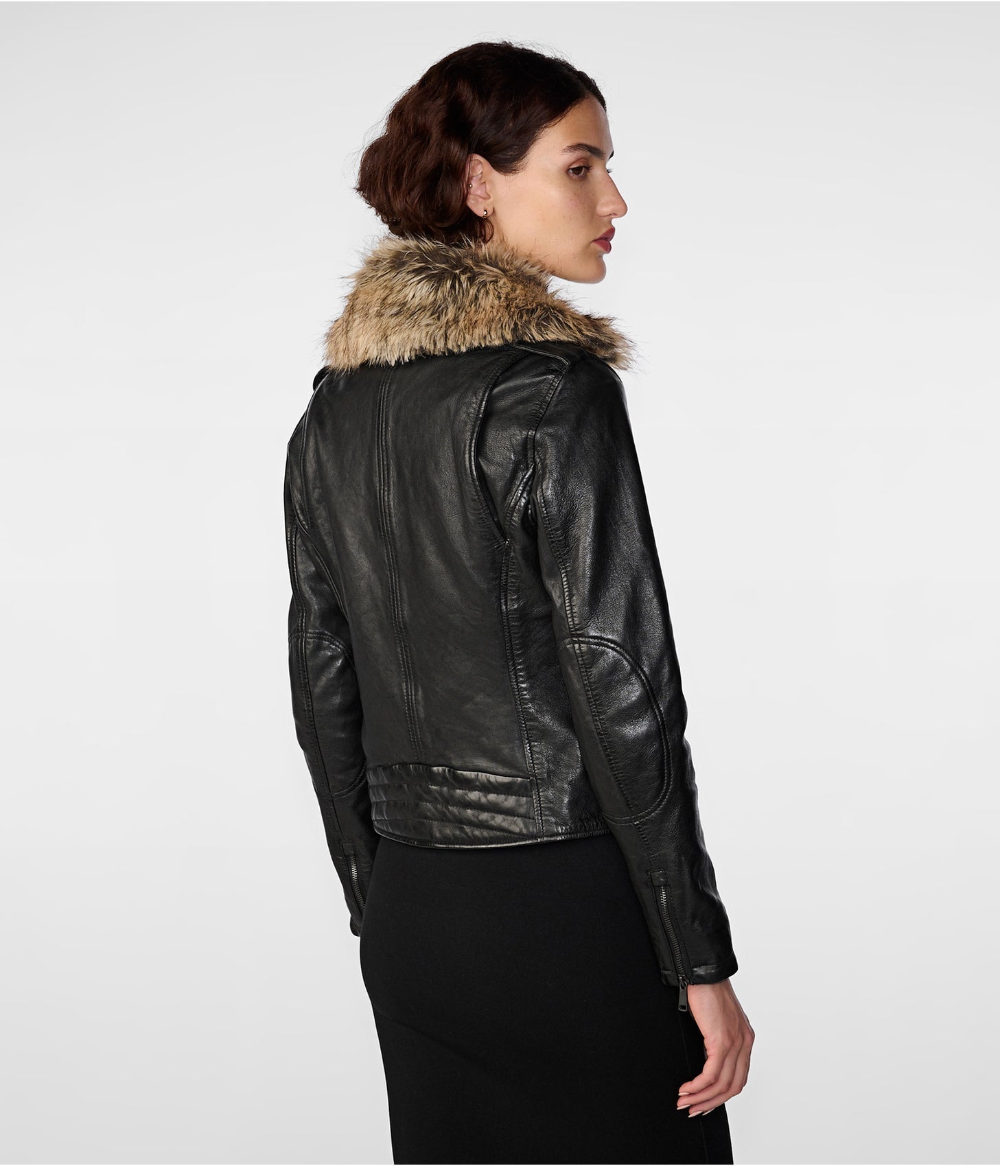 Women's Black Leather Biker Jacket with Removable Fur Collar