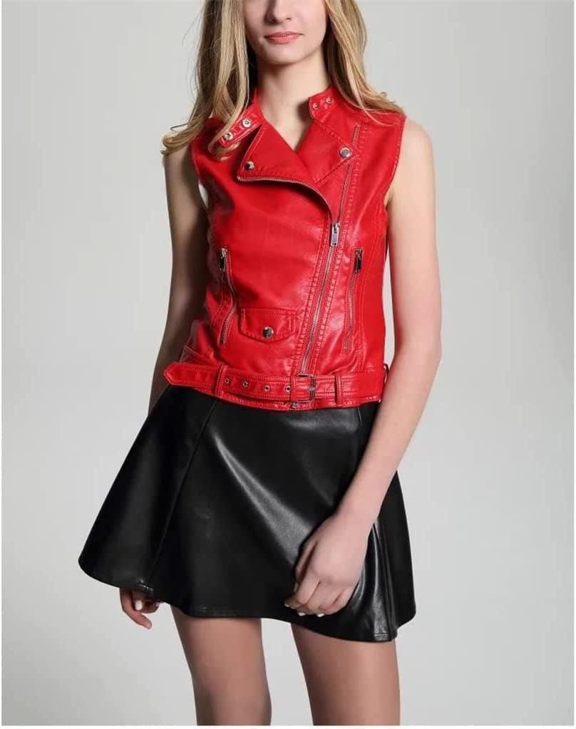Red Leather Biker Vest for Women