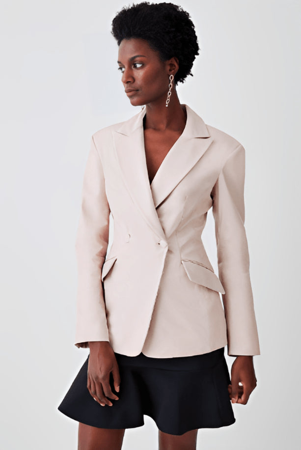 Sculpted Elegance Women's Beige Leather Blazer with Corset Waist