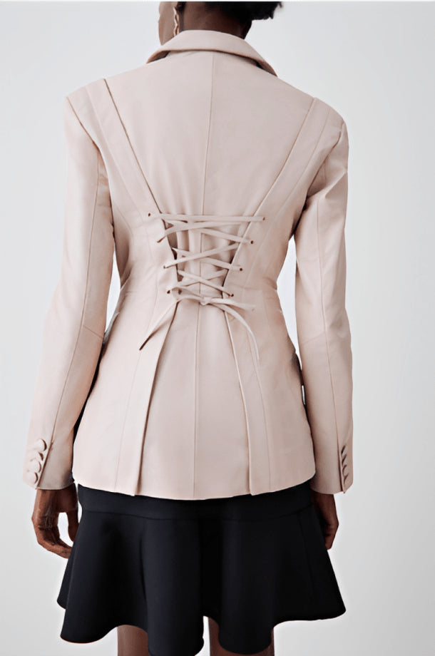 Sculpted Elegance Women's Beige Leather Blazer with Corset Waist