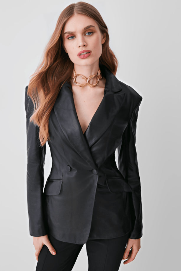 Sculpted Elegance Women's Black Leather Blazer with Corset Waist