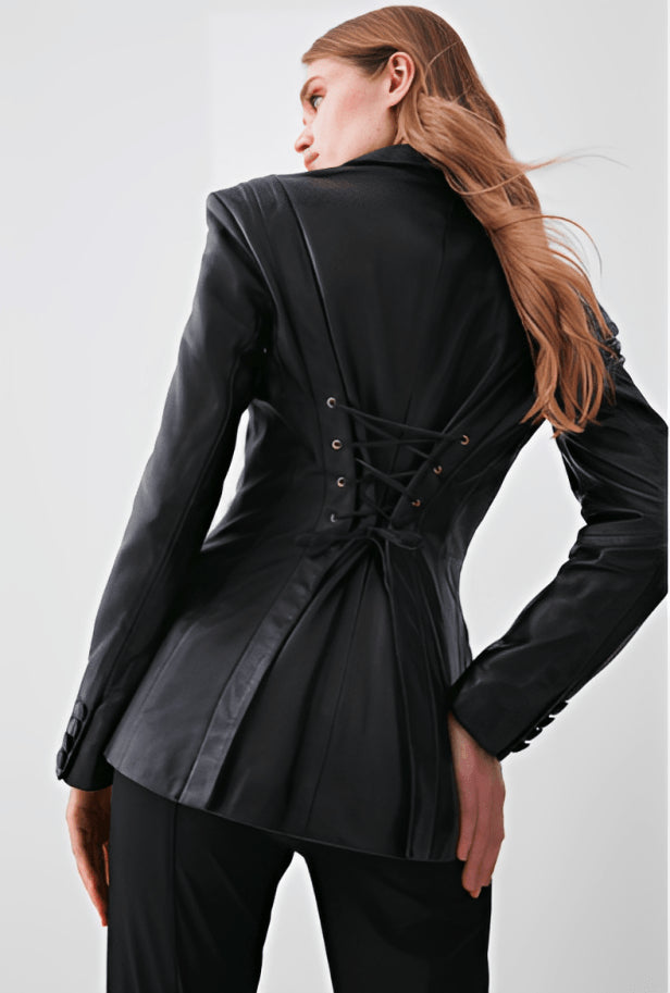 Sculpted Elegance Women's Black Leather Blazer with Corset Waist