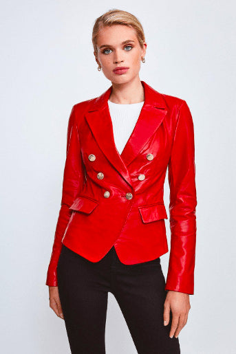 Women’s Red Leather Blazer with Gold Button Accent