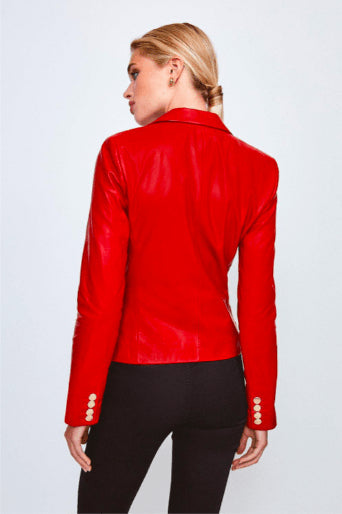 Women’s Red Leather Blazer with Gold Button Accent