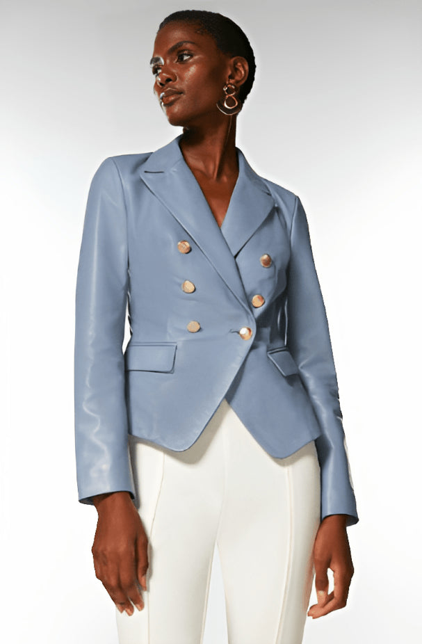 Stone Blue Leather Blazer for Women with Gold Buttons