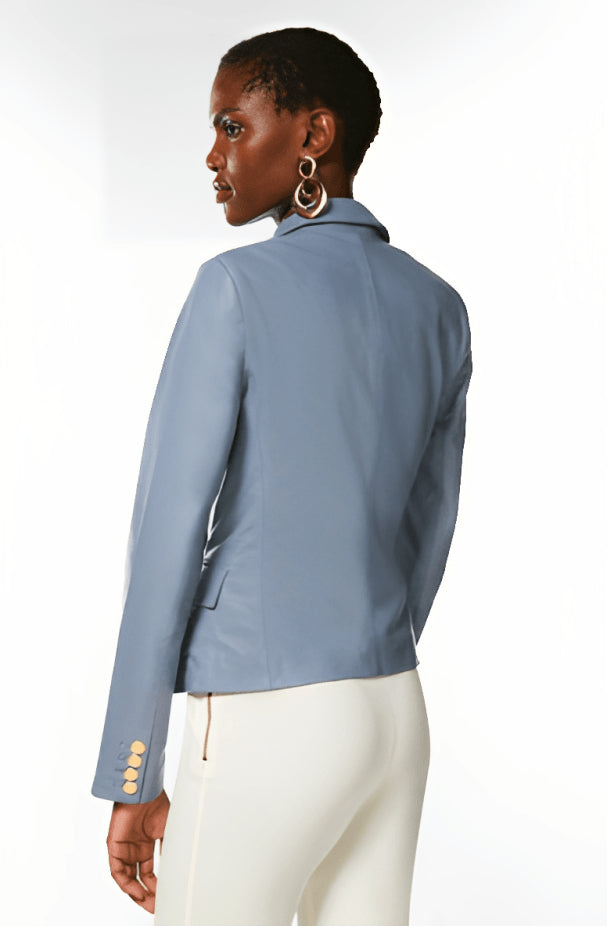 Stone Blue Leather Blazer for Women with Gold Buttons