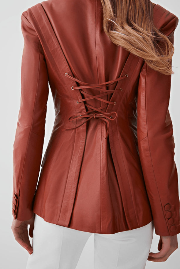 Women's Tan Brown Leather Blazer – Corset Waist, Chic & Stylish