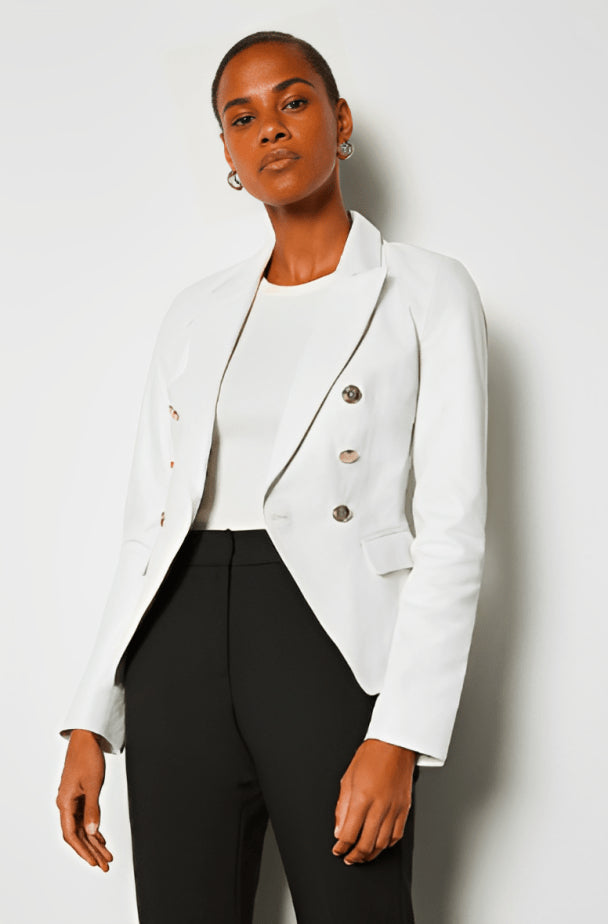 Women’s White Leather Blazer with Silver Button Detail