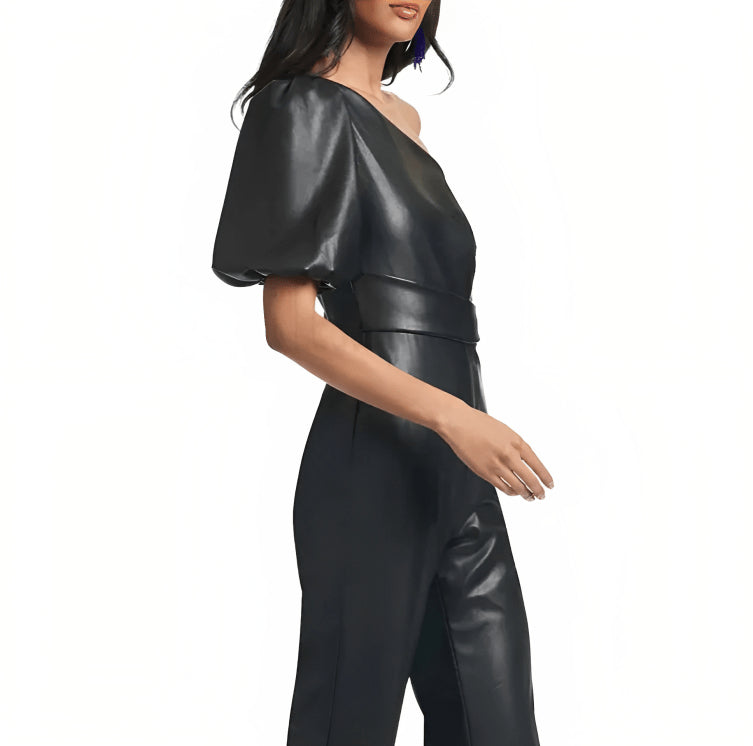 Women's Black Leather Jumpsuit with Flared Shoulders – Bold & Elegant