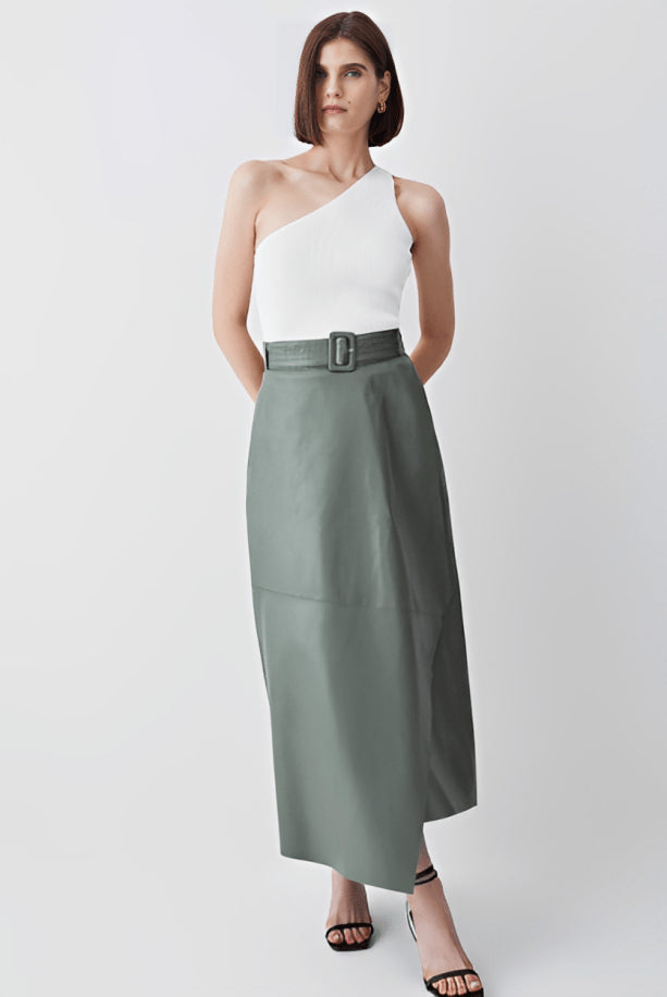 Women's Khaki Leather Maxi Skirt – Elegant & Trendy Statement Piece
