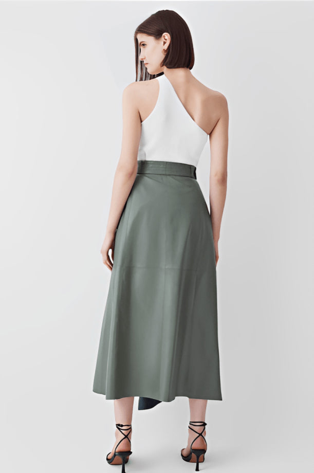 Women's Khaki Leather Maxi Skirt – Elegant & Trendy Statement Piece