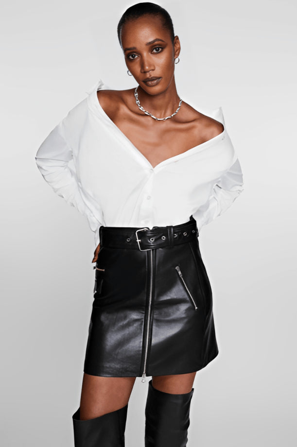 Women's Black Leather Mini Skirt with Belted Waist