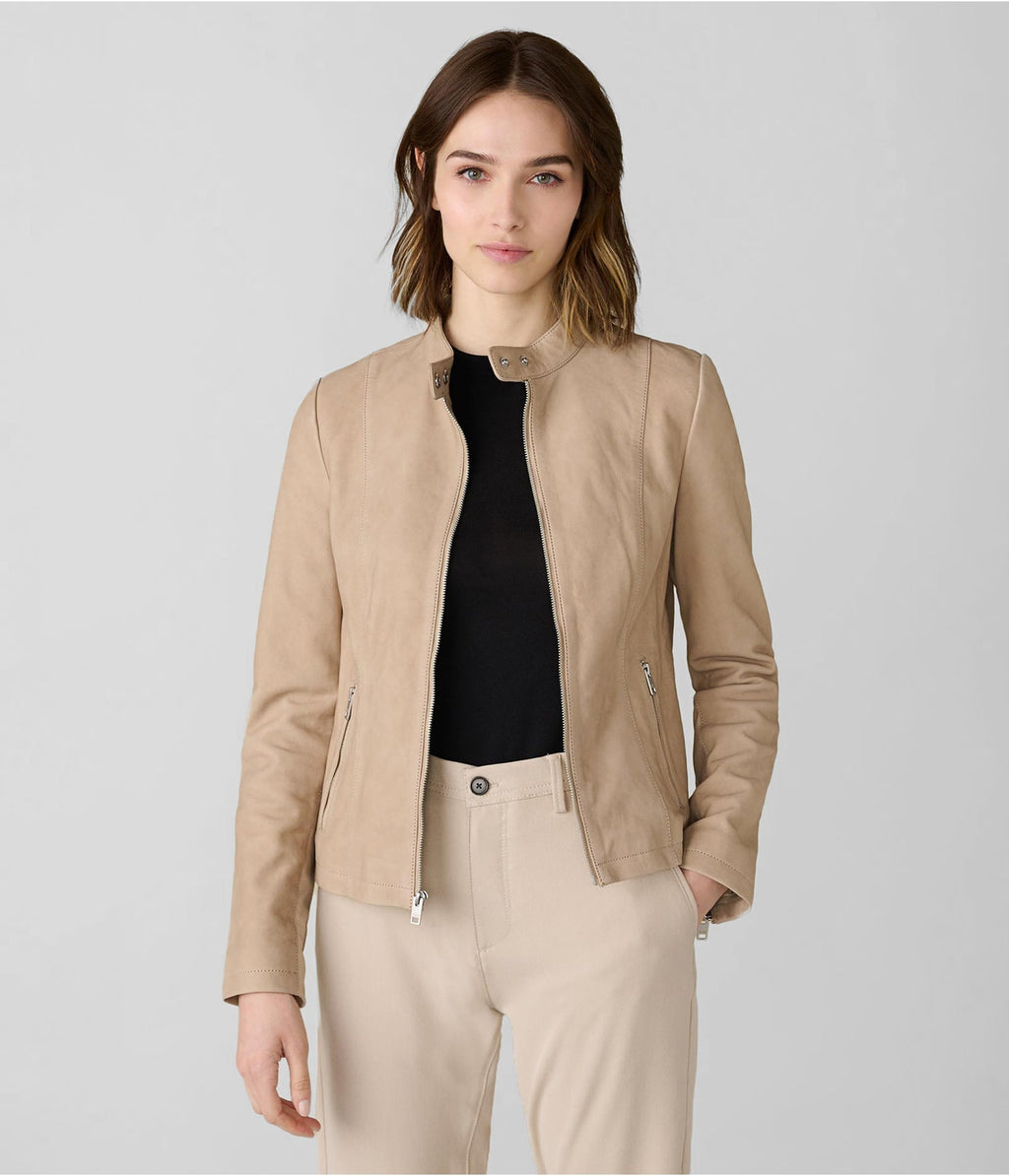Women's Beige Leather Moto Jacket – Chic & Edgy