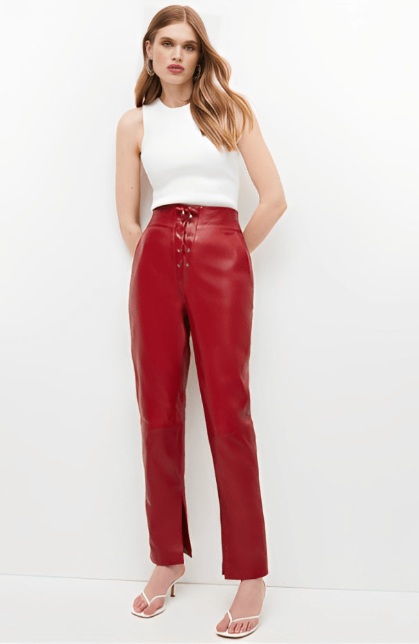 Women's Red Leather Pants with Tie Waist – Bold & Chic