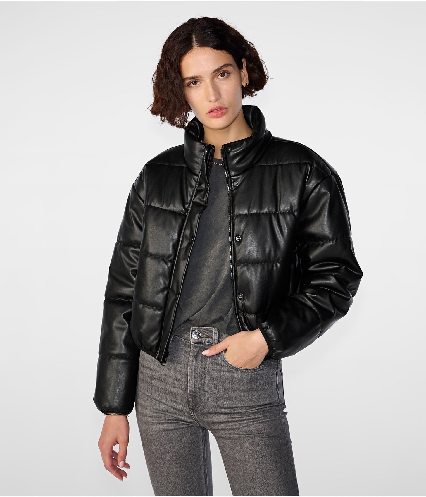 Women's Black Leather Puffer Jacket with Quilted Design