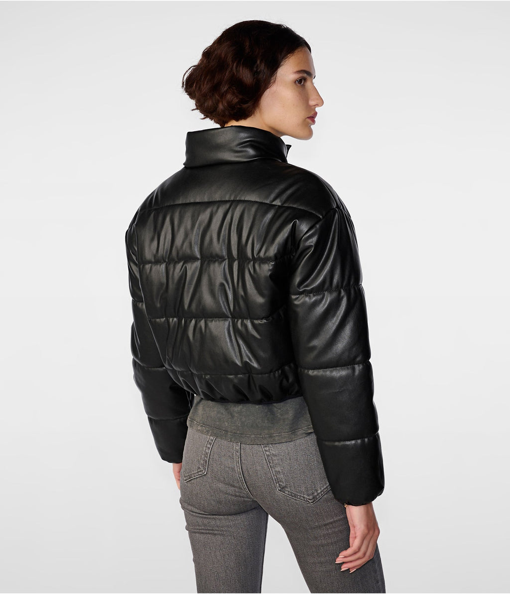Women's Black Leather Puffer Jacket with Quilted Design