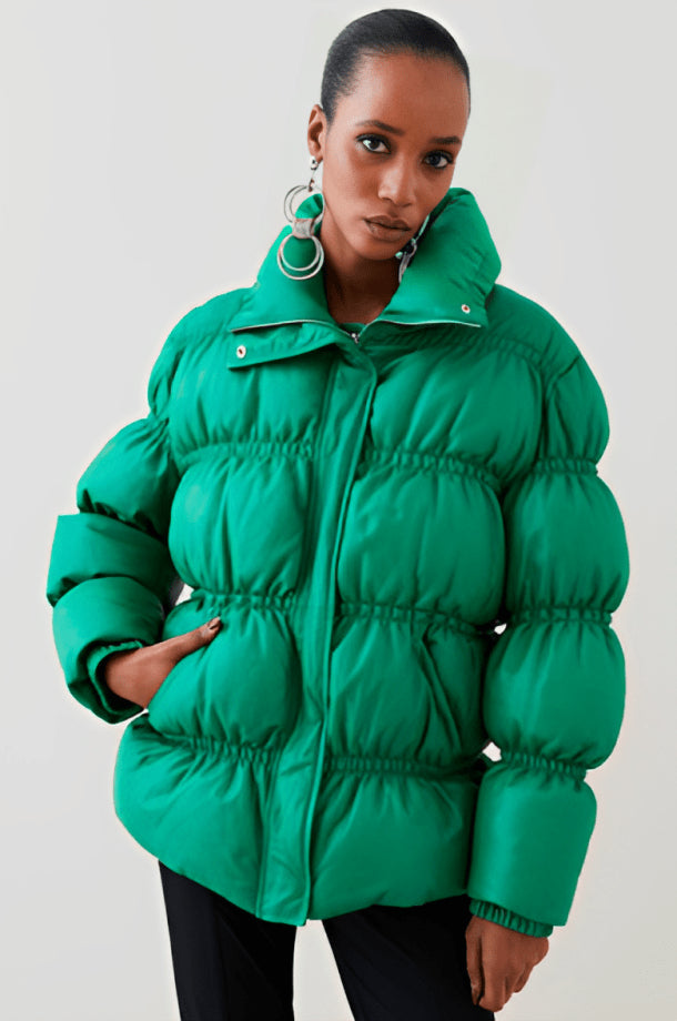 Women's Jade Green Leather Puffer Jacket with Quilted Design