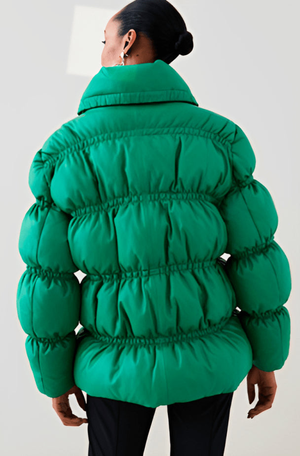 Women's Jade Green Leather Puffer Jacket with Quilted Design