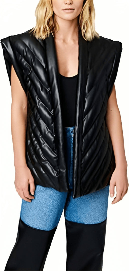 Black Leather Puffer Vest for Women with Belt