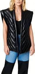 Black Leather Puffer Vest for Women with Belt