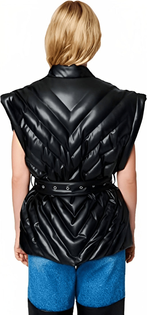 Black Leather Puffer Vest for Women with Belt