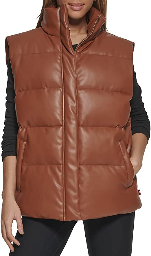 Women's Chocolate Brown Leather Puffer Vest – Sleek & Cozy