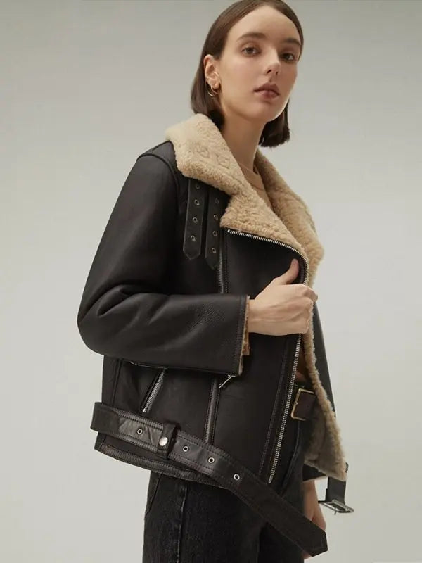 Matte Black Women's Leather Shearling Jacket