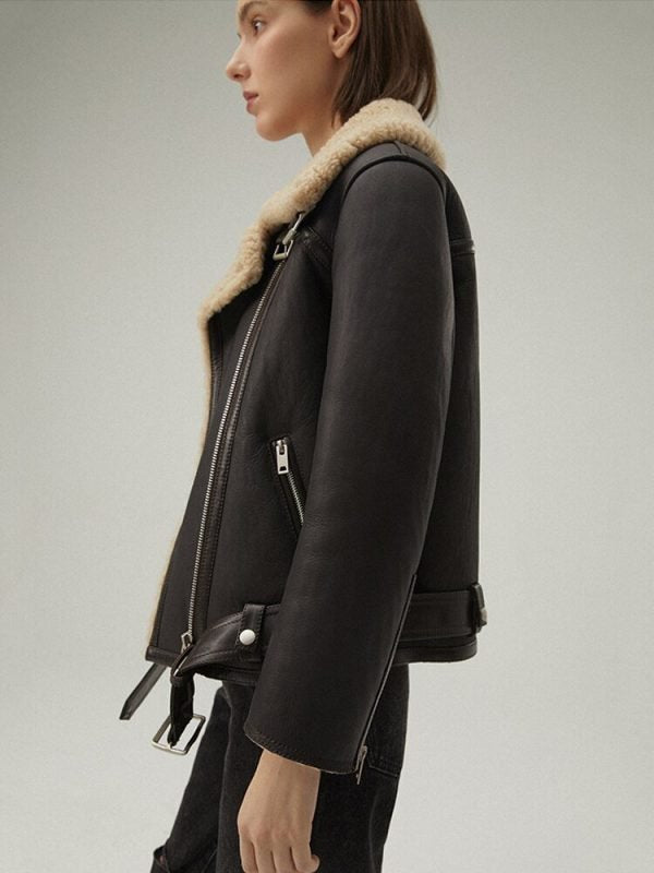 Matte Black Women's Leather Shearling Jacket