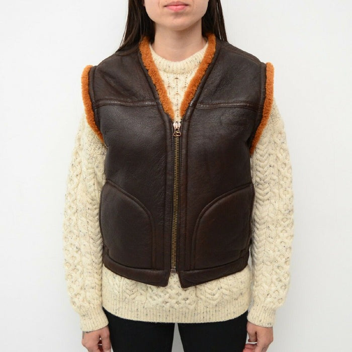 Coffee Brown Leather Shearling Vest for Women