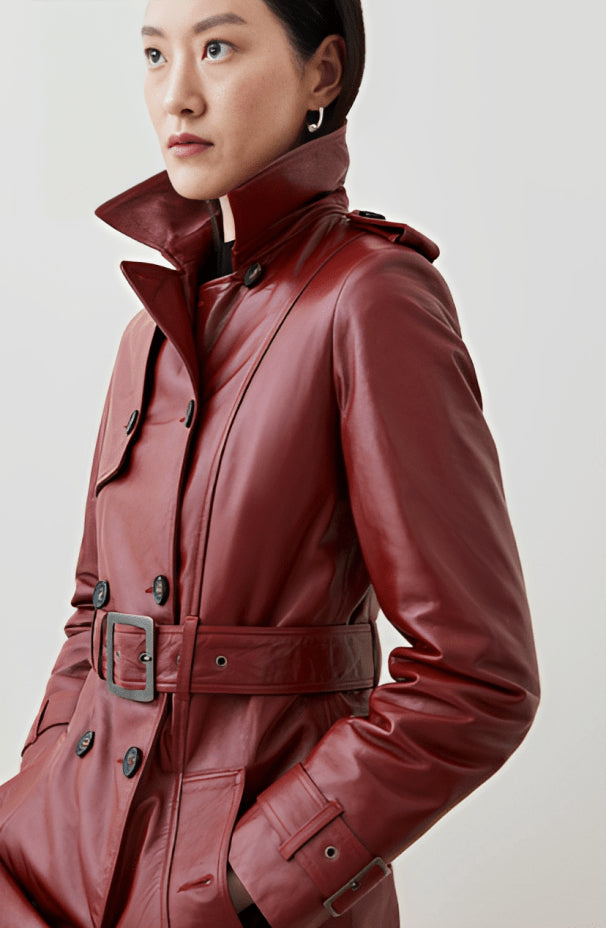 Women's Ox Red Leather Trench Coat – Elegant & Timeless