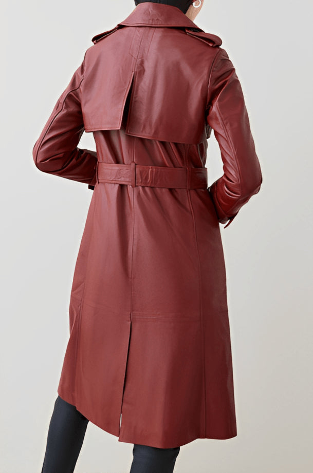 Women's Ox Red Leather Trench Coat – Elegant & Timeless