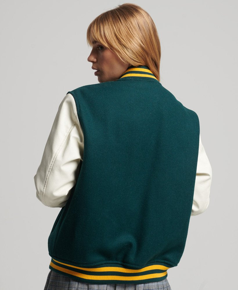 Sea Green & White Letterman Bomber Leather Jacket for Women