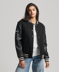 Black Letterman Bomber Leather Jacket for Women