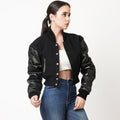 Black Cropped Letterman Leather Jacket for Women