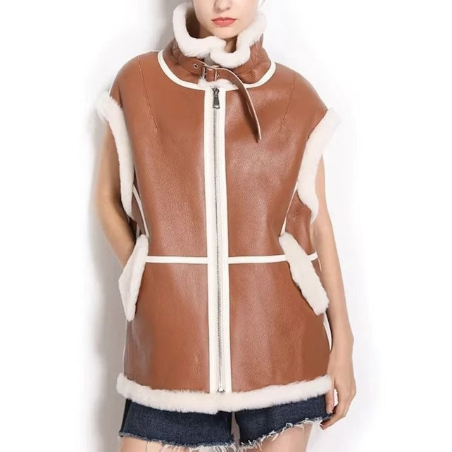 Brown Long Shearling Leather Vest for Women