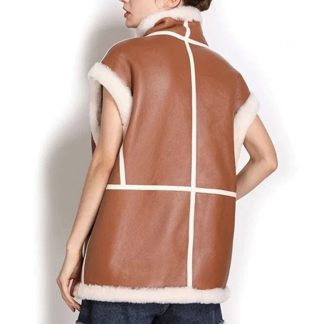 Brown Long Shearling Leather Vest for Women
