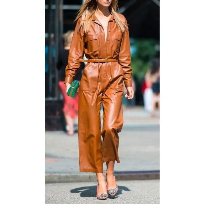 Women's Brown Lounge Leather Jumpsuit – Relaxed & Stylish One-Piece