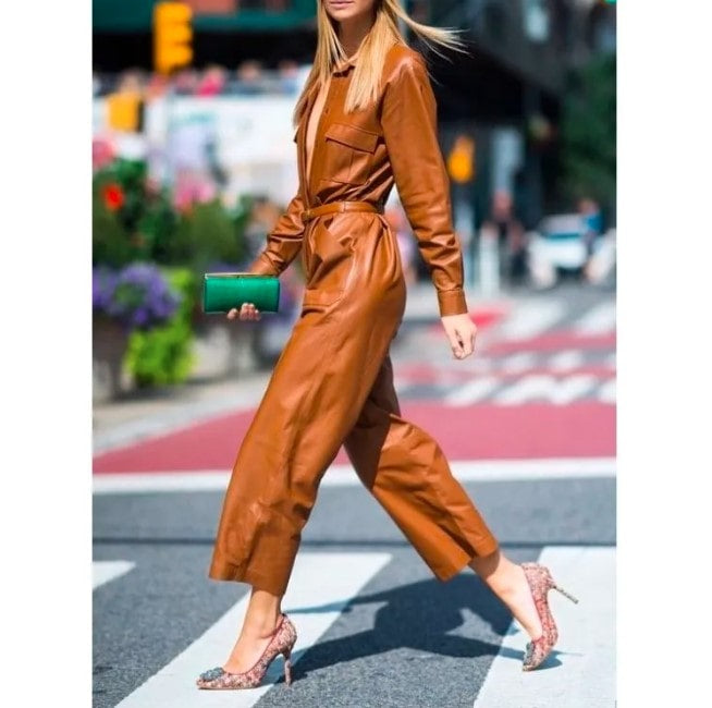 Women's Brown Lounge Leather Jumpsuit – Relaxed & Stylish One-Piece