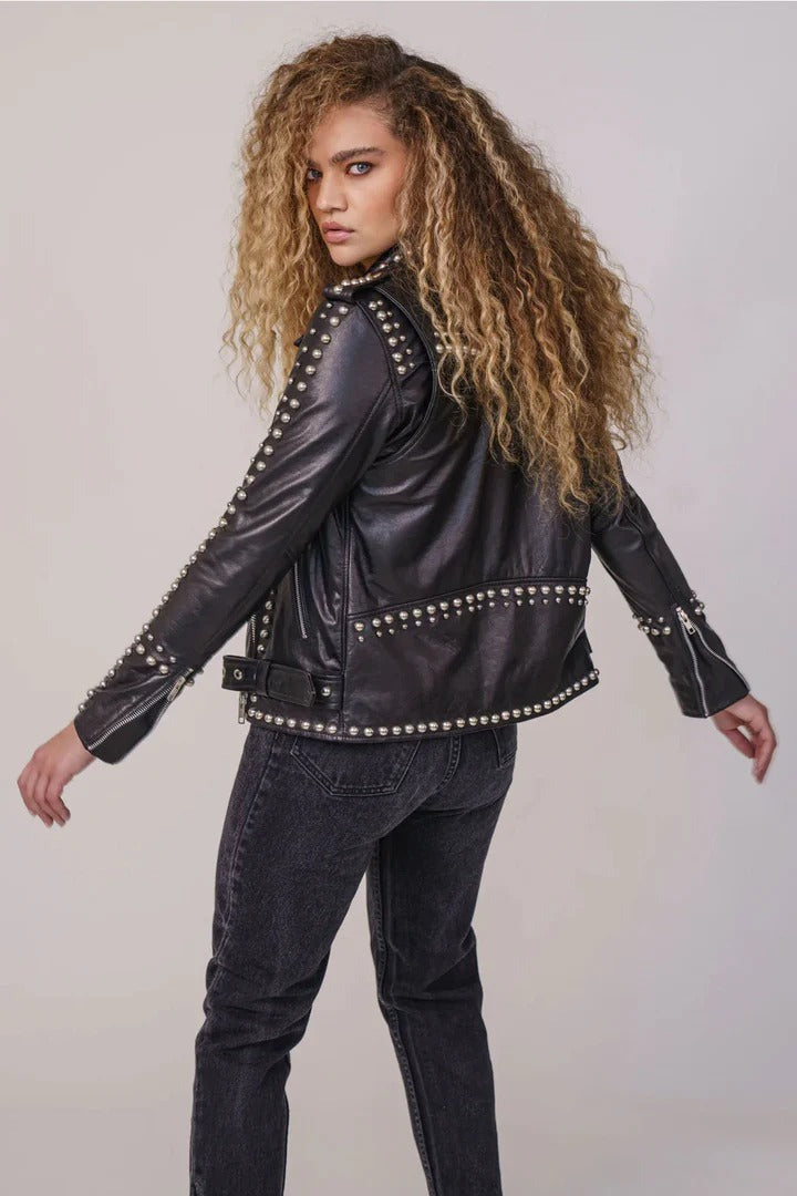 Black Studded Leather Jacket for Women