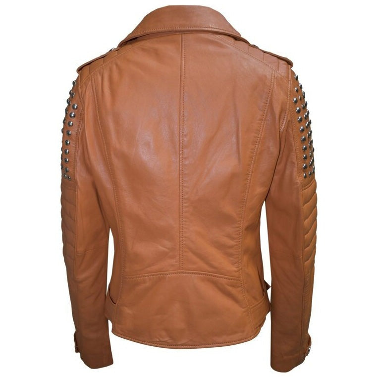 Brown Studded Leather Motorcycle Jacket for Women