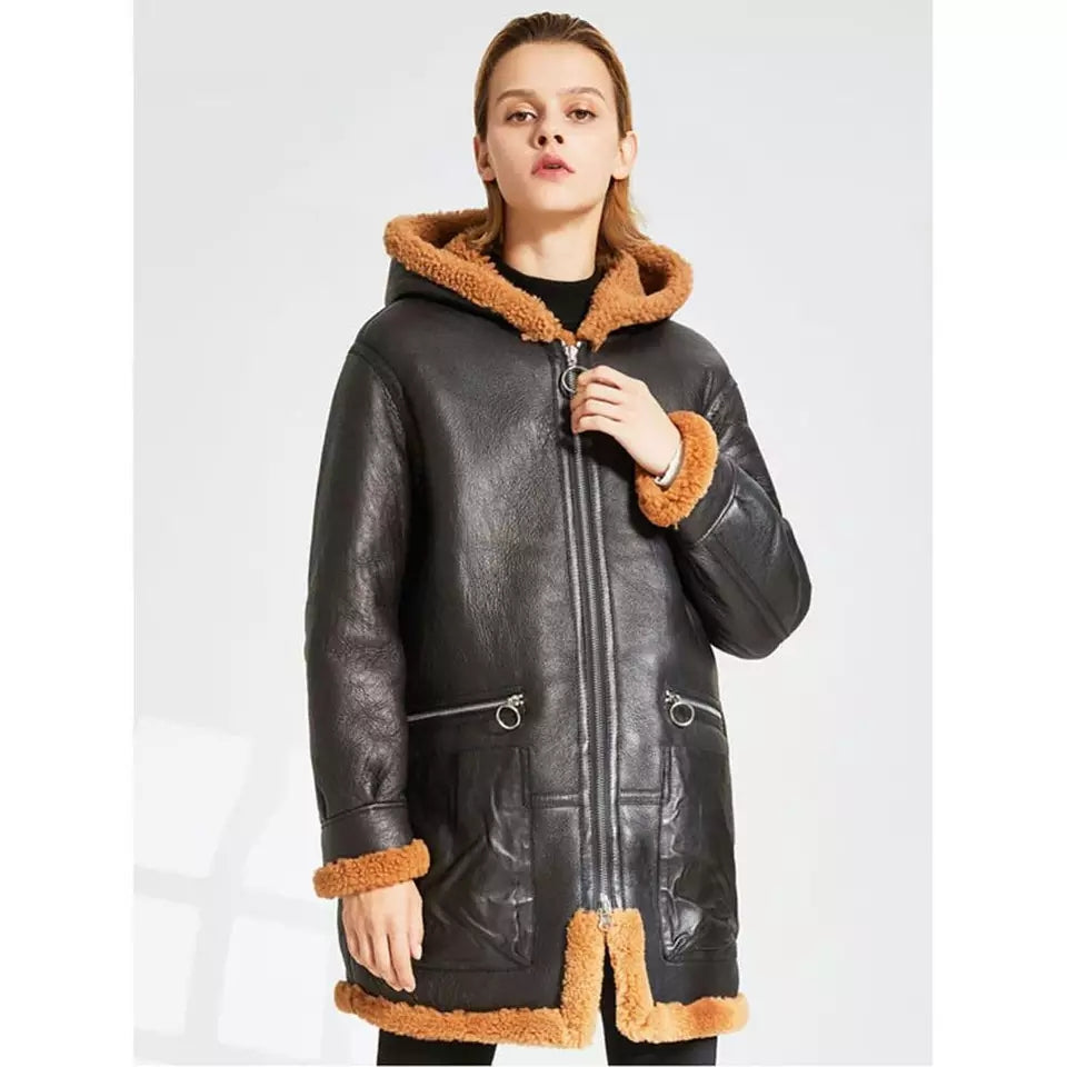 Black Sheepskin Leather Trench Coat for Women with Orange Fur Collar