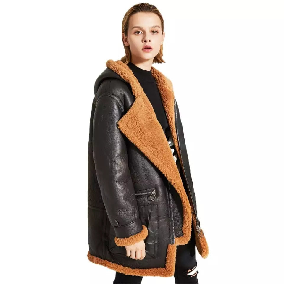 Black Sheepskin Leather Trench Coat for Women with Orange Fur Collar
