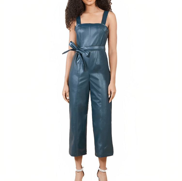Women's Emerald Green Leather Overalls Jumpsuit – Trendy & Chic