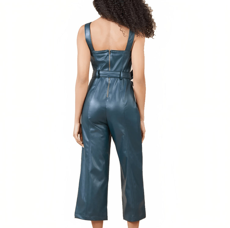 Women's Emerald Green Leather Overalls Jumpsuit – Trendy & Chic