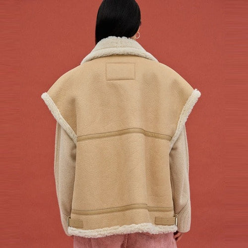 Beige Oversized Shearling Leather Vest for Women