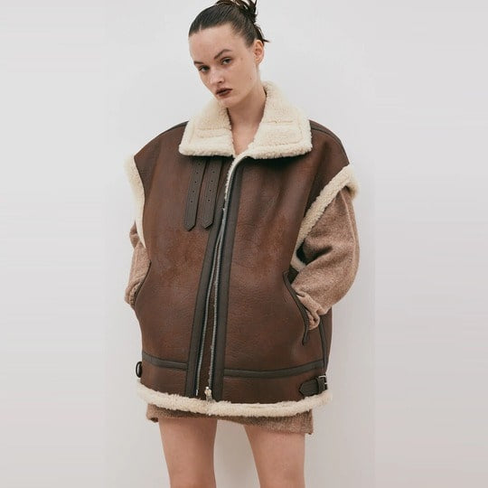 Chocolate Brown Oversized Shearling Leather Vest for Women