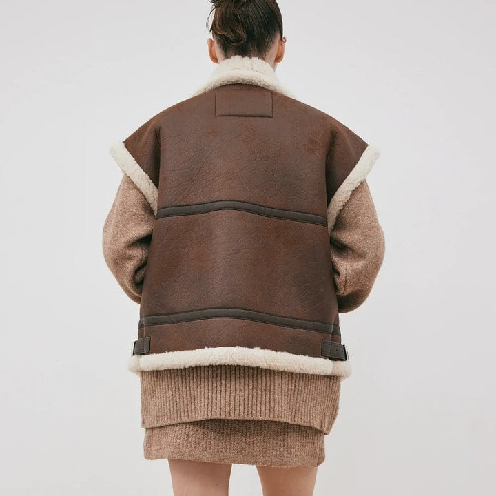 Chocolate Brown Oversized Shearling Leather Vest for Women