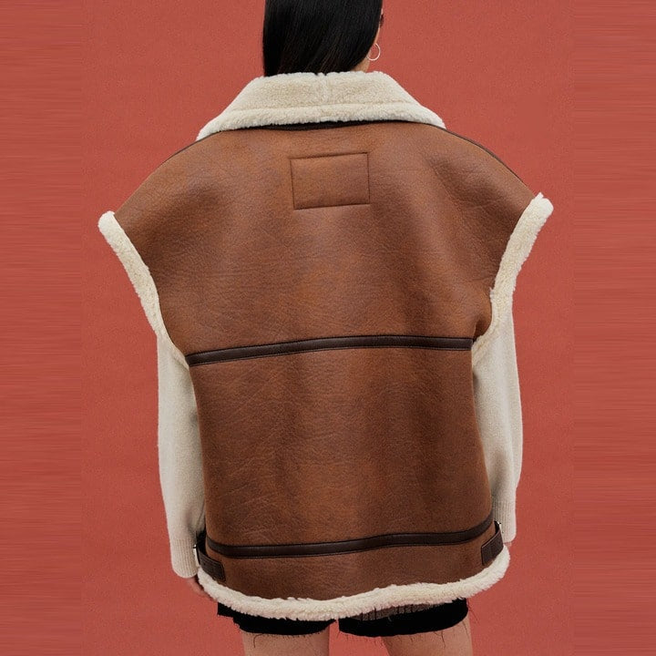 Women's Oversized Shearling Leather Vest in Dark Brown