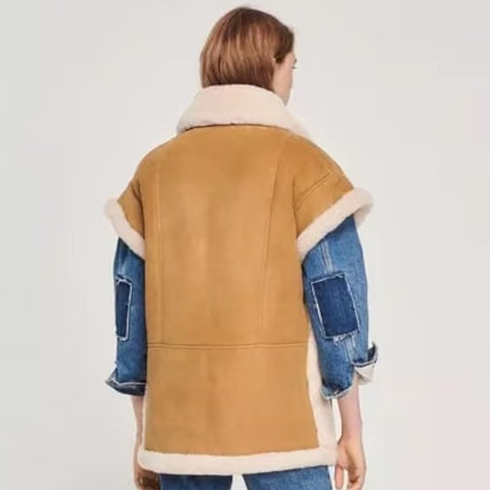 Tan Brown Oversized Shearling Leather Vest for Women